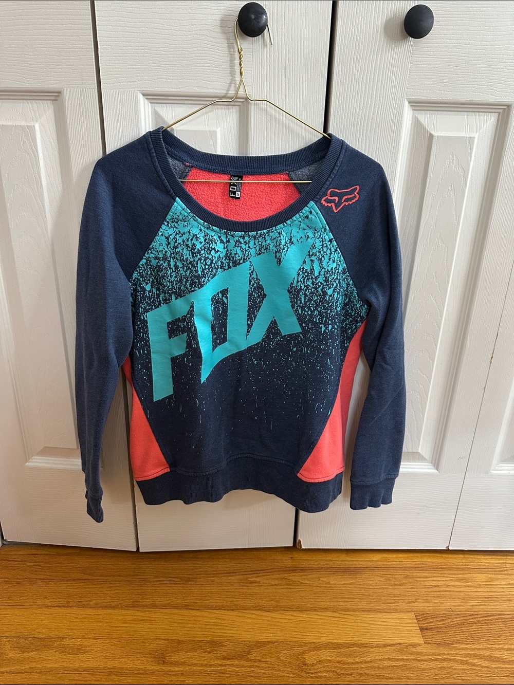 Fox Kids Navy Sweatshirt with Teal Logo and Coral Panels